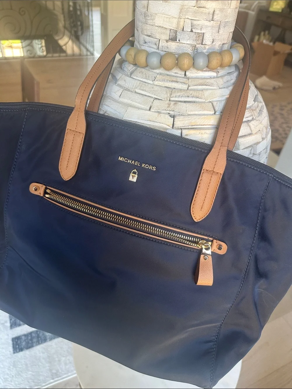 Michael Kors Navy Tote with Tan Leather Handles